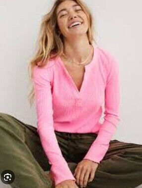 aerie Ribbed Pink Long-Sleeve Henley Top